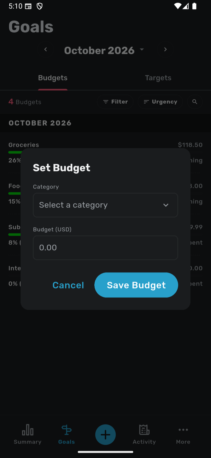 Savvy Expense Pro set your first spending goal