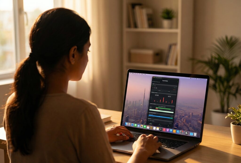 Woman reviewing finances on laptop