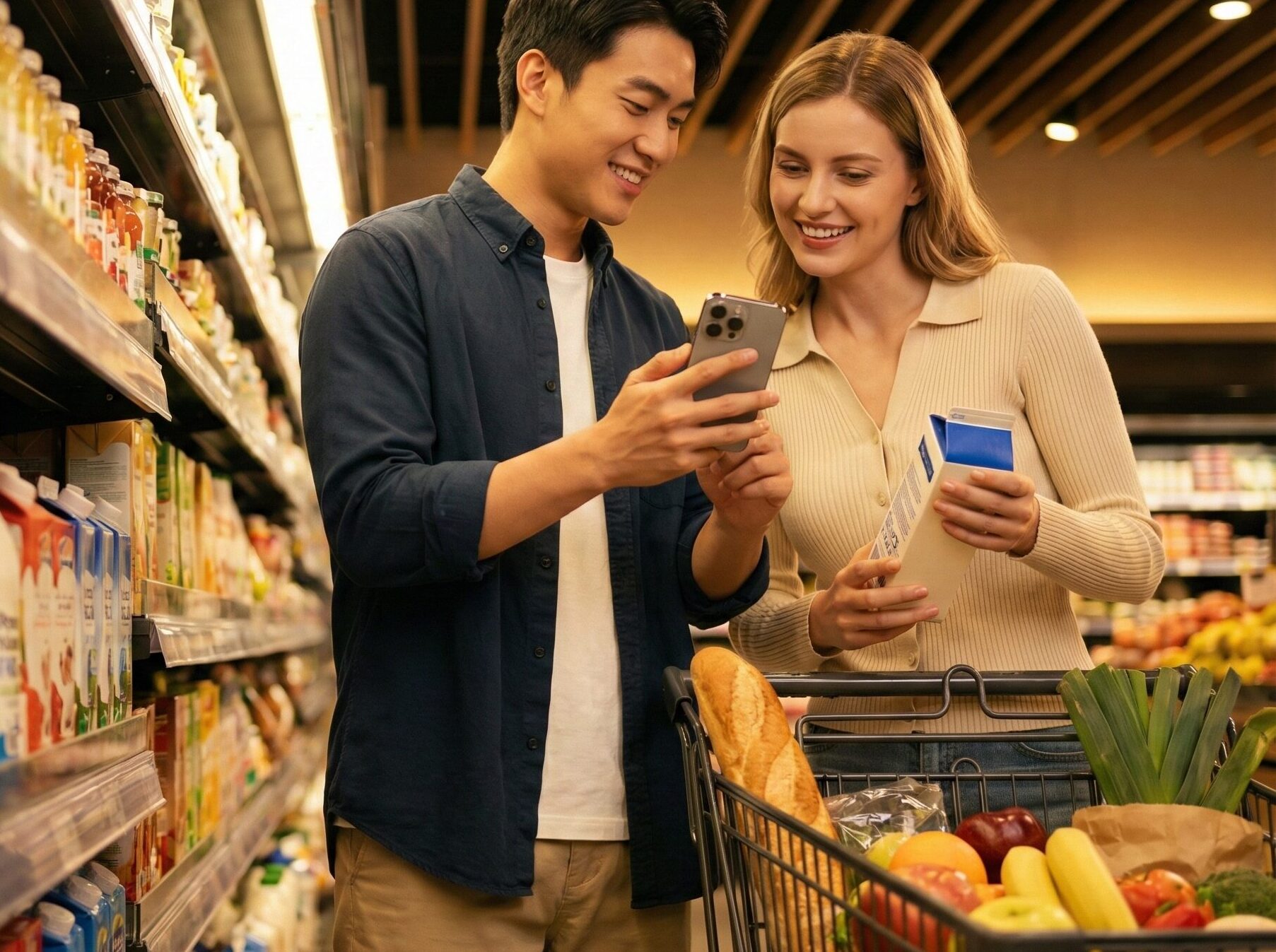 Couple budgeting at the grocery store